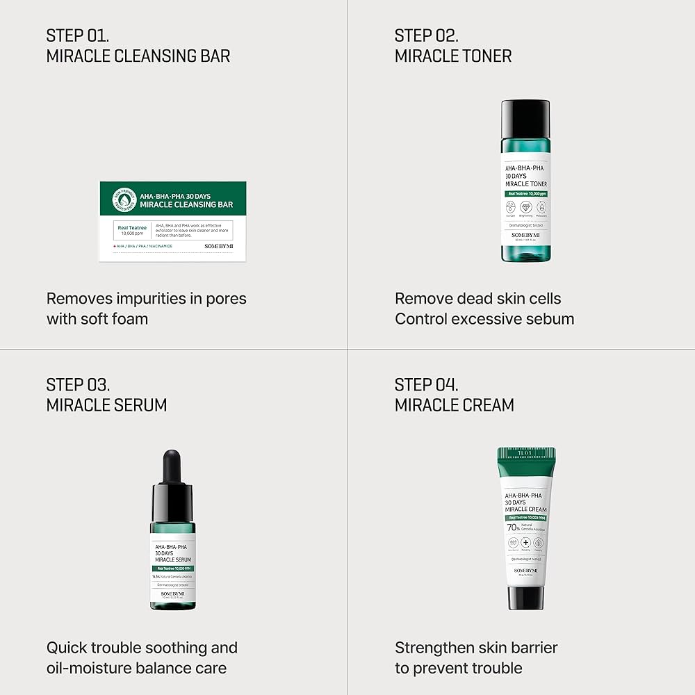 Kit Facial AHA BHA PHA 30 Días Miracle Starter – Rutina Coreana de Cuidado de la Piel con Toner, Sérum, Crema y Jabón Limpiador – Con Árbol de Té y Centella Asiática