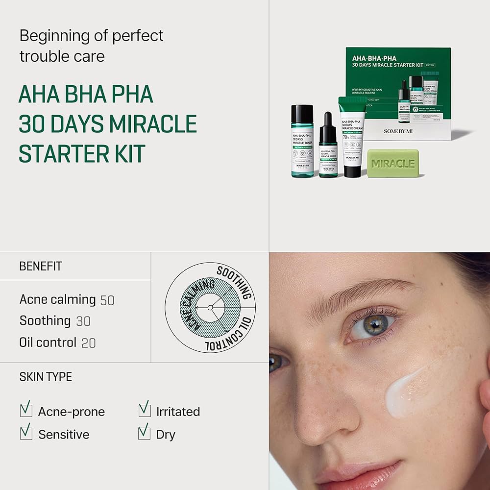 Kit Facial AHA BHA PHA 30 Días Miracle Starter – Rutina Coreana de Cuidado de la Piel con Toner, Sérum, Crema y Jabón Limpiador – Con Árbol de Té y Centella Asiática