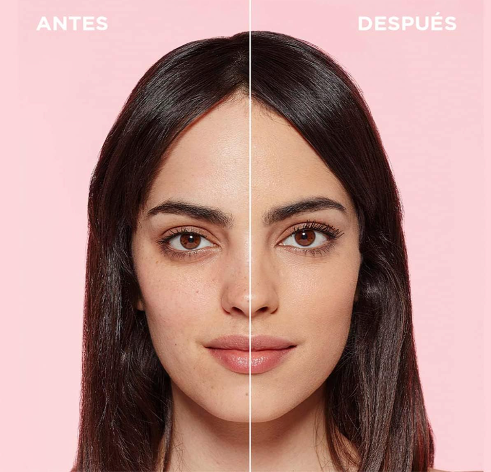 Comparación de rostro antes y después de aplicar la base L'Oréal Infallible 24H Pro-Matte.