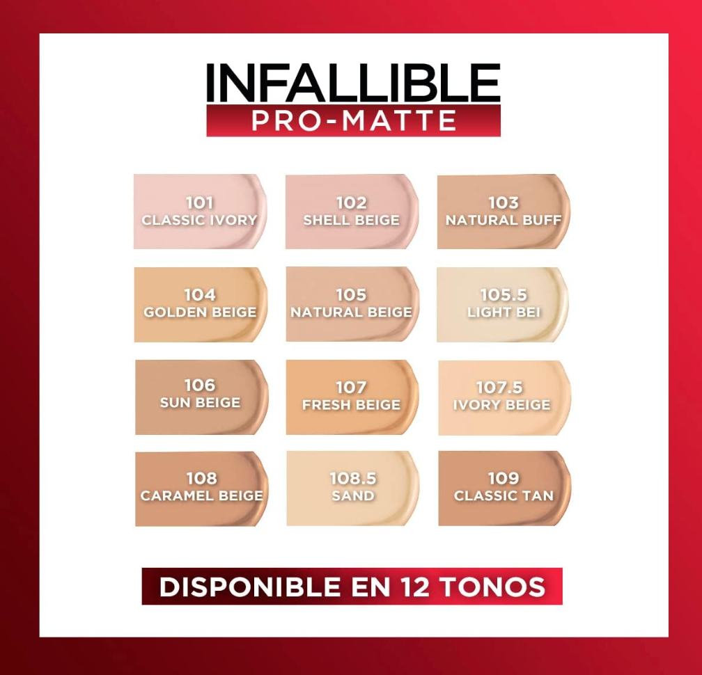 Carta de 12 tonos de la base L'Oréal Infallible 24H Pro-Matte, desde Classic Ivory hasta Classic Tan.
