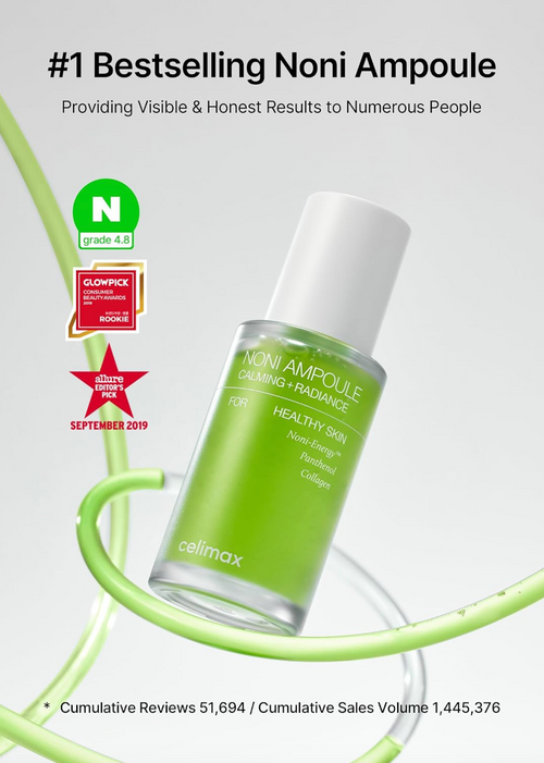 Infografía con frasco verde de celimax Noni Ampoule Calming + Radiance; texto que afirma ser el no. 1 en ventas; sellos N grade 4.8, Glowpick 2019 Rookie y Allure Editor’s Pick.