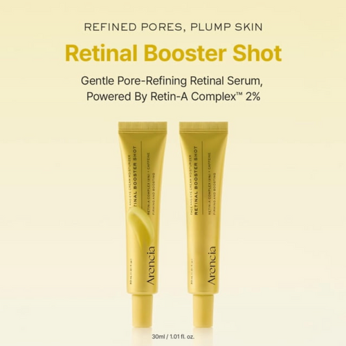 Dos tubos amarillos Arencia con nombre Retinal Booster Shot en vertical, fondo beige con textos promocionales en inglés y volumen 30 ml al centro inferior.