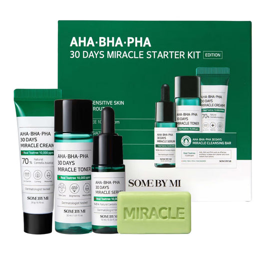 Kit Facial AHA BHA PHA 30 Días Miracle Starter – Rutina Coreana de Cuidado de la Piel con Toner, Sérum, Crema y Jabón Limpiador – Con Árbol de Té y Centella Asiática