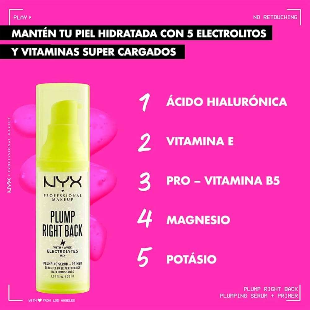 NYX Professional Makeup Plump Right Back – Sérum y Prebase con Electrolitos (30 ml)