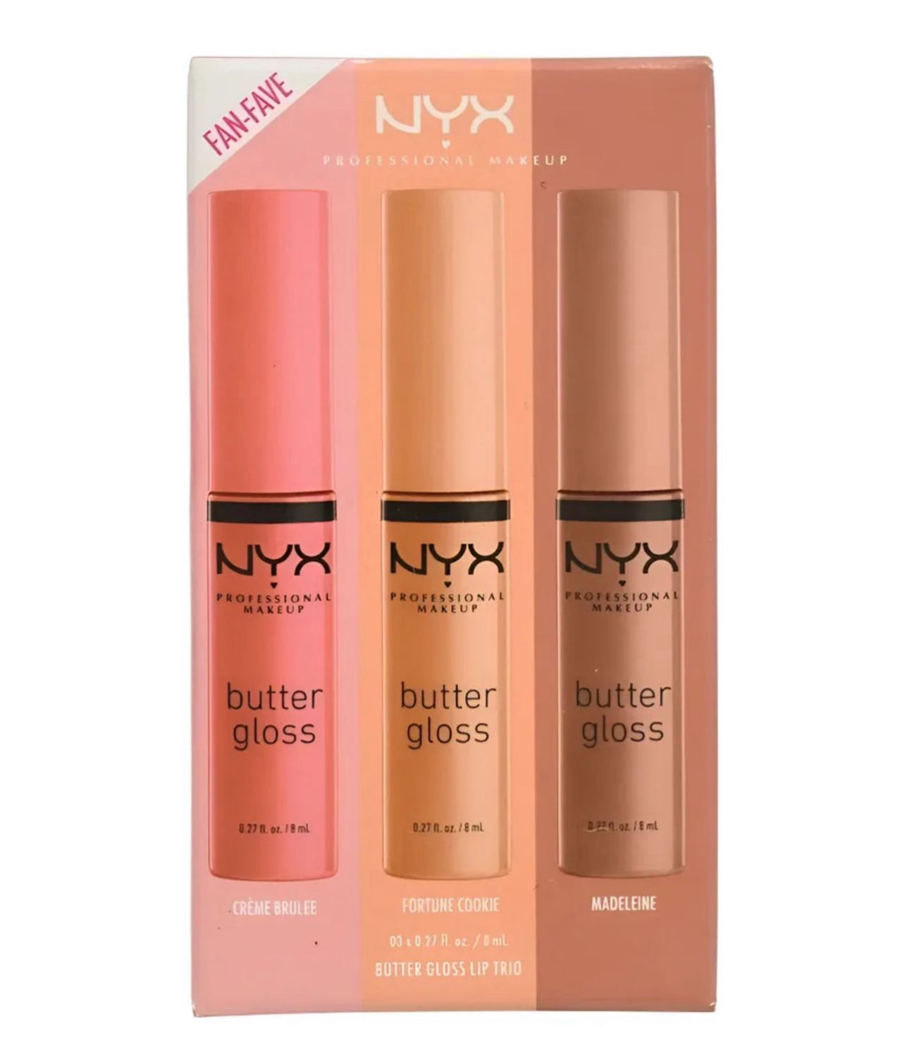 NYX Butter Gloss Lip Trio – Crème Brûlée · Fortune Cookie · Madeleine